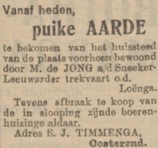 Selius koopt land in Loënga in mei 1904 en breekt het huis in juni al af getuige deze advertentie in het Nieuwsblad van Friesland van 1 juni in dat jaar.